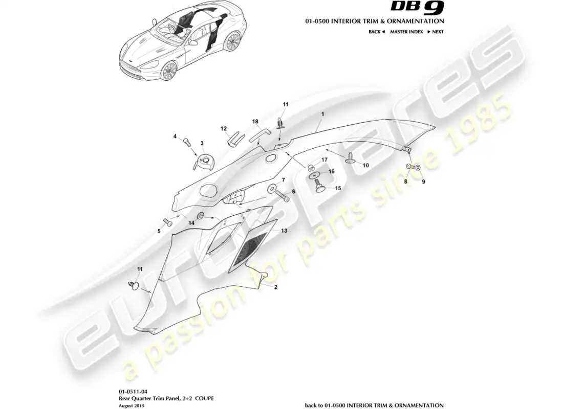 aston martin db9 (2017) panel embellecedor del cuarto trasero, 2+2 coupé diagrama de piezas