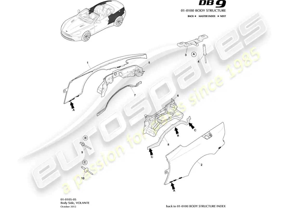 aston martin db9 (2016) lado del cuerpo, volante diagrama de piezas
