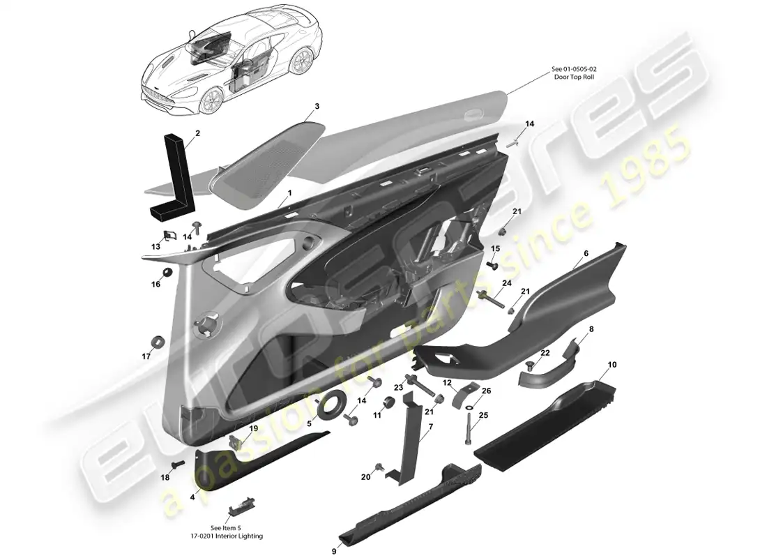 aston martin vanquish (2014) panel de ajuste de la puerta delantera diagrama de piezas