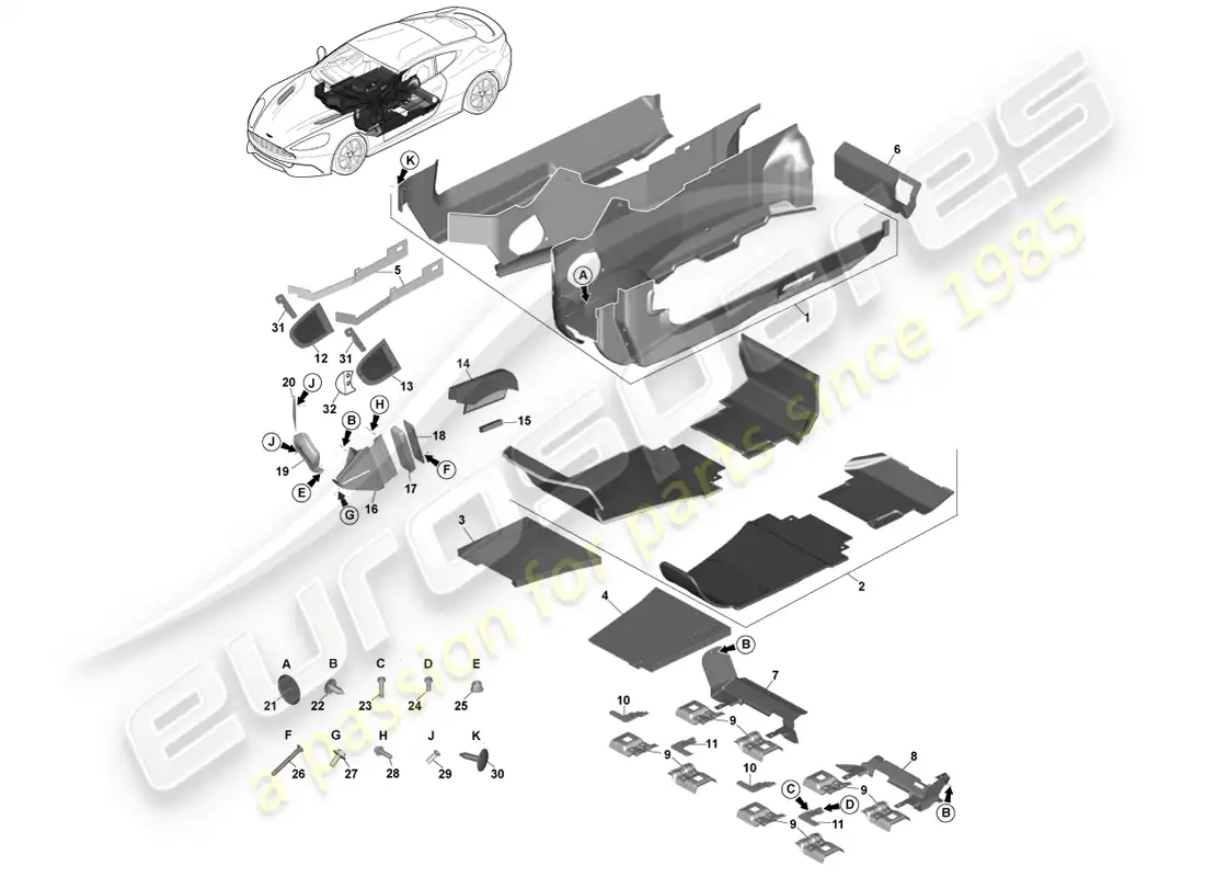aston martin vanquish (2014) moldura del piso principal, lhd diagrama de piezas