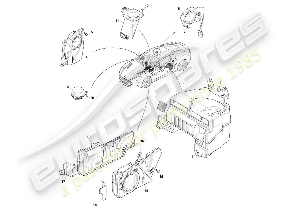 aston martin vanquish (2014) altavoces, b&o diagrama de piezas
