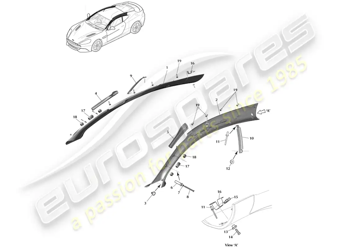 aston martin vanquish (2013) moldura de pilar, superior, cupé diagrama de piezas