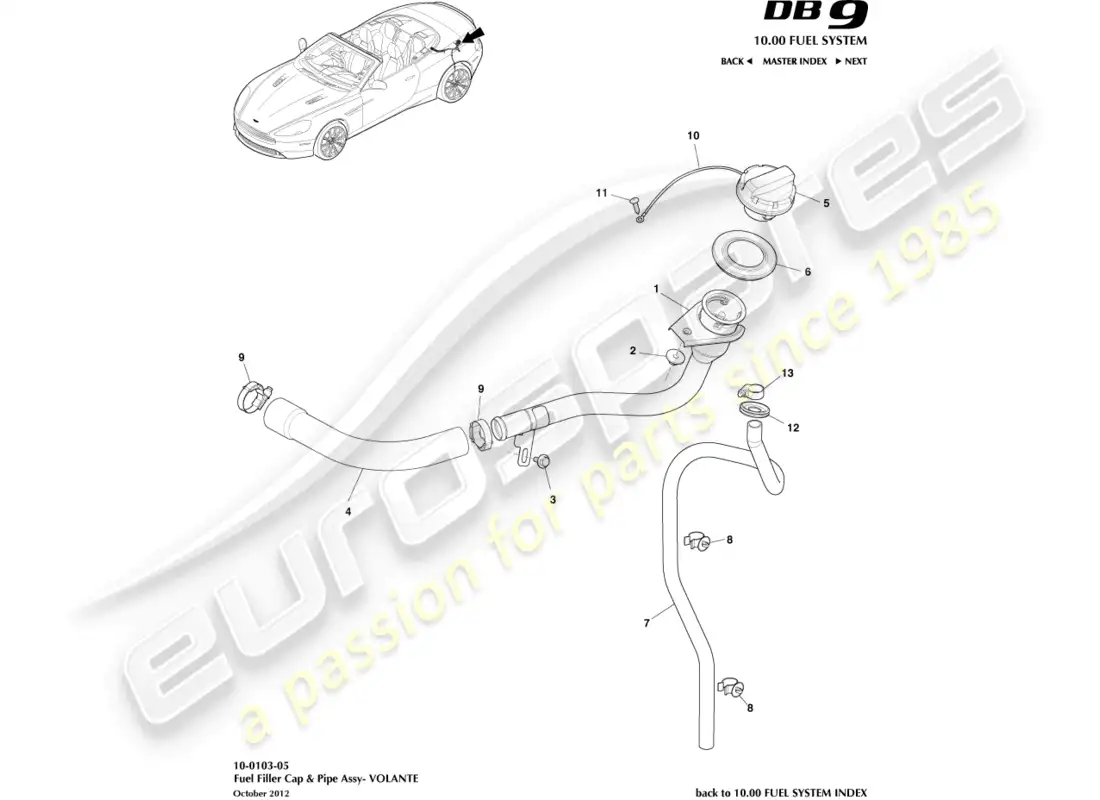 aston martin db9 (2016) conjunto de llenado de combustible, volante diagrama de piezas
