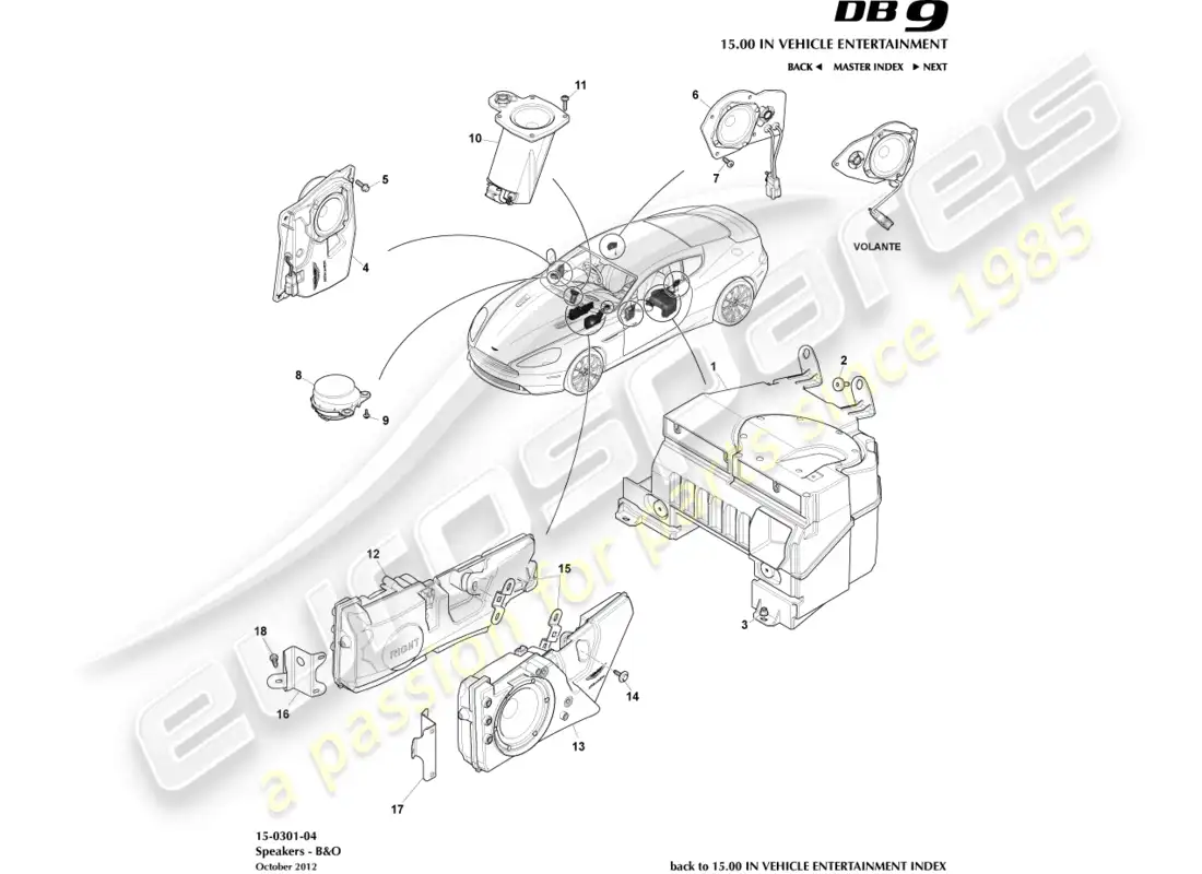 aston martin db9 (2015) altavoces, b&o diagrama de piezas