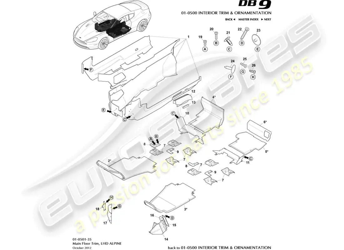 aston martin db9 (2016) moldura del piso principal, lhd, alpine diagrama de piezas