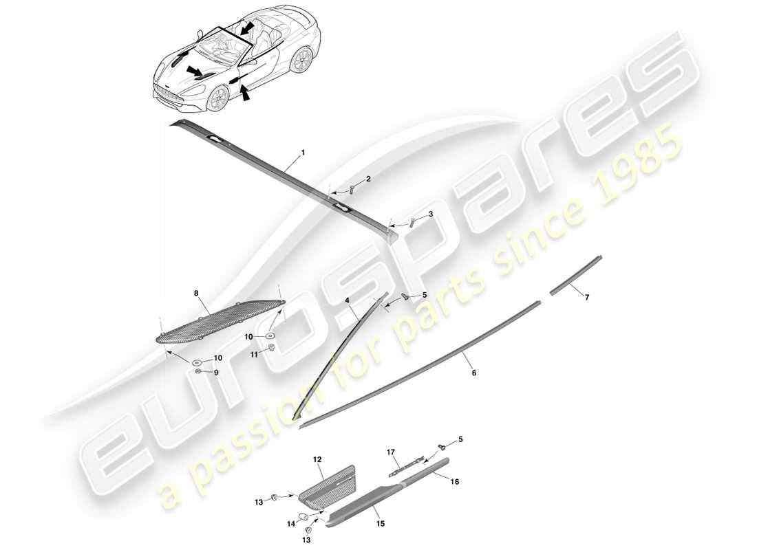 aston martin vanquish (2014) acabados exteriores superiores, diagrama de piezas volante