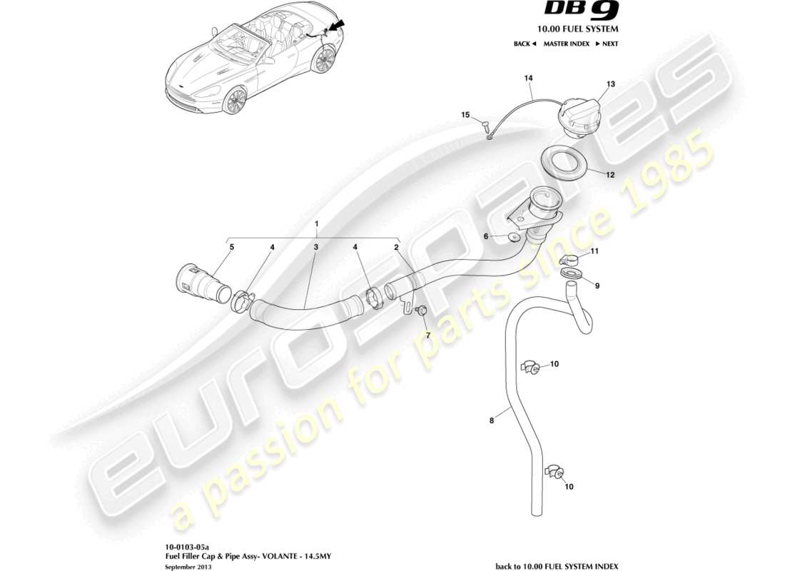 aston martin db9 (2016) conjunto de llenado de combustible, volante 14.5my diagrama de piezas