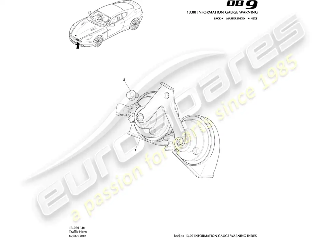 aston martin db9 (2016) bocina de tráfico diagrama de piezas