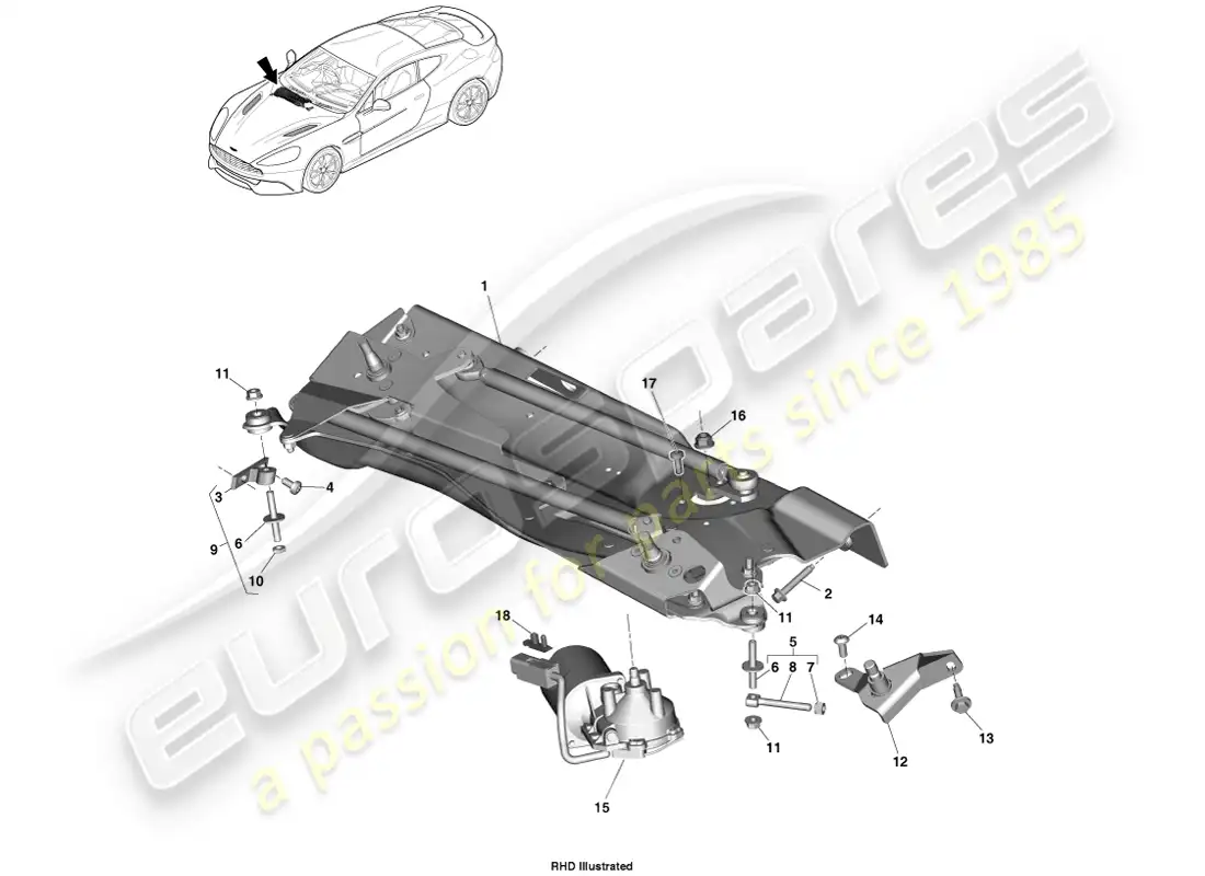 aston martin vanquish (2013) varillaje del limpiaparabrisas diagrama de piezas