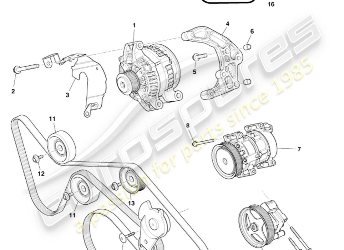 aston martin db9 (2005) diagrama de piezas de transmisión de accesorios