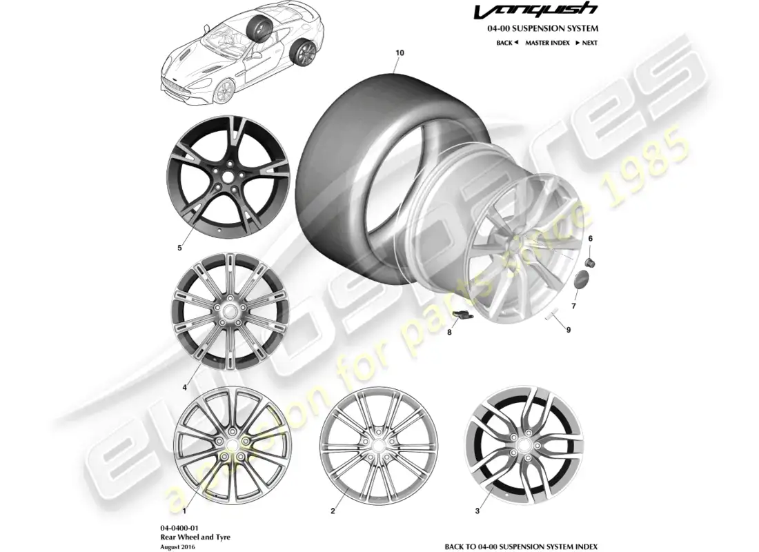 aston martin vanquish (2016) ruedas y neumáticos traseros diagrama de piezas