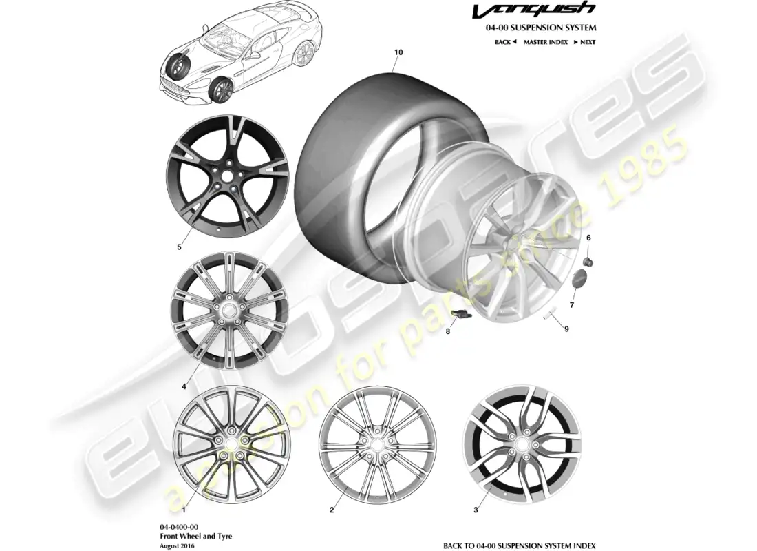 aston martin vanquish (2018) ruedas y neumáticos delanteros diagrama de piezas