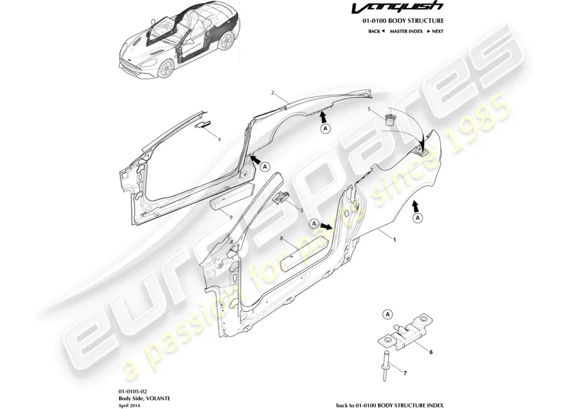 aston martin vanquish (2016) lado del cuerpo, volante diagrama de piezas