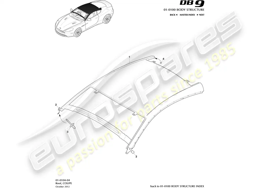 aston martin db9 (2016) techo, coupé diagrama de piezas