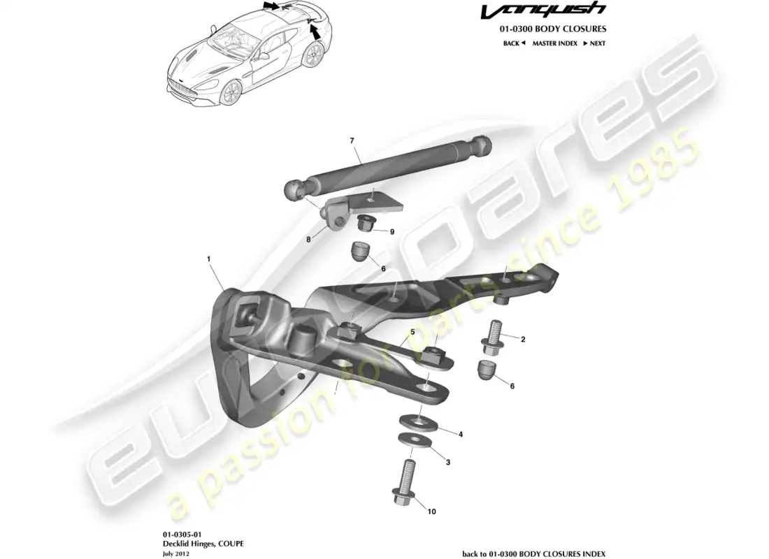 aston martin vanquish (2016) bisagras de tapa de maletero, coupé diagrama de piezas