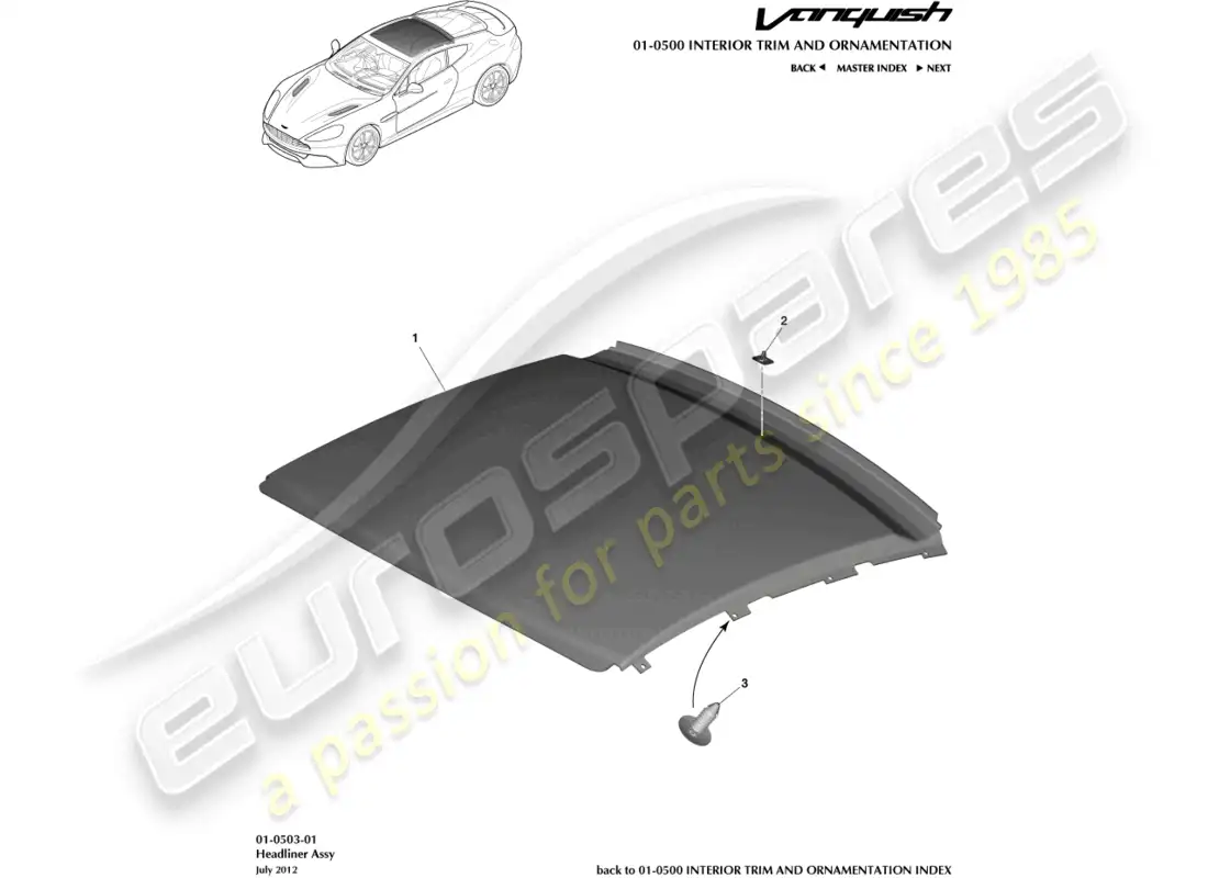 aston martin vanquish (2016) montaje del techo interior diagrama de piezas