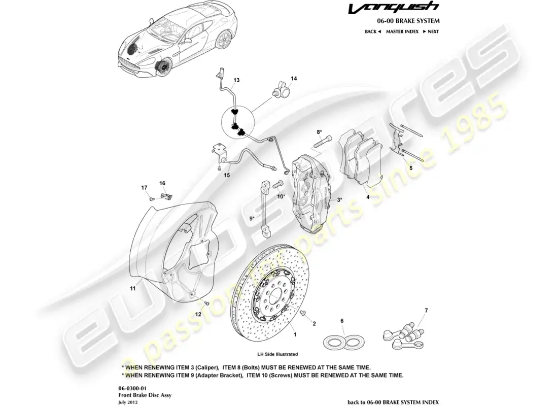 aston martin vanquish (2016) sistema de freno delantero diagrama de piezas