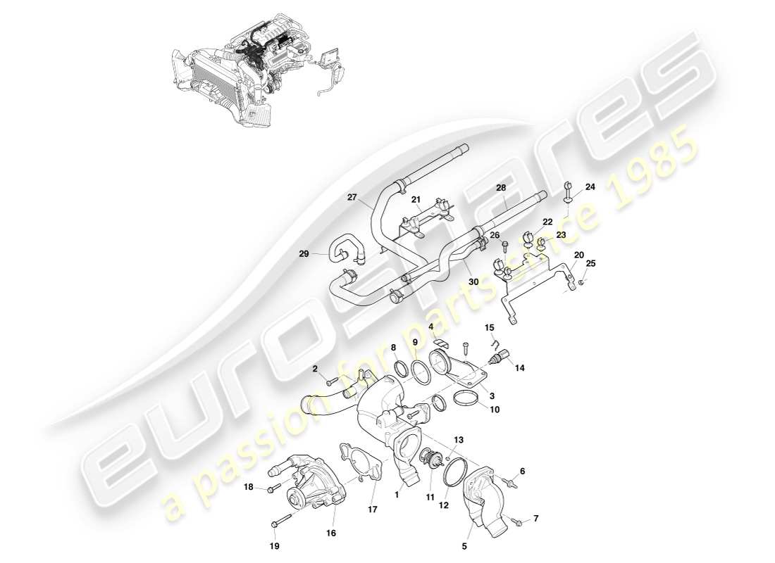 aston martin v8 vantage (2005) diagrama de piezas de refrigeración del motor