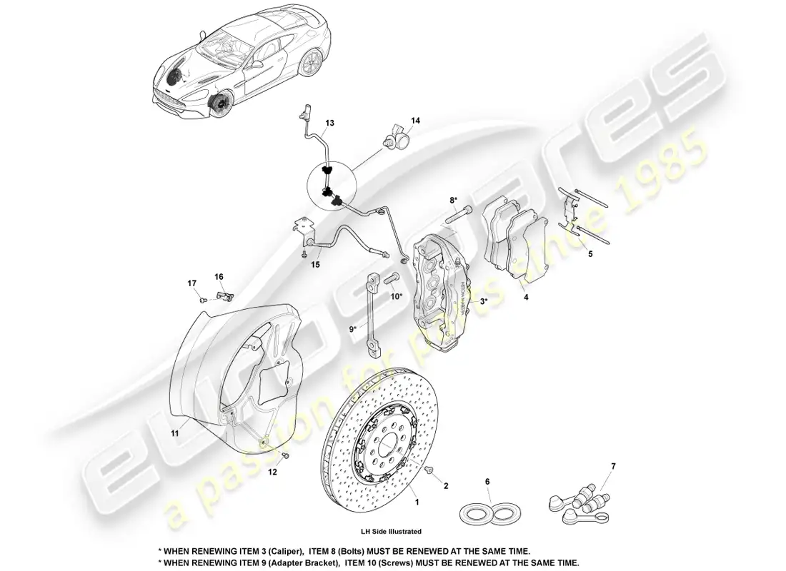 aston martin vanquish (2013) sistema de freno delantero diagrama de piezas