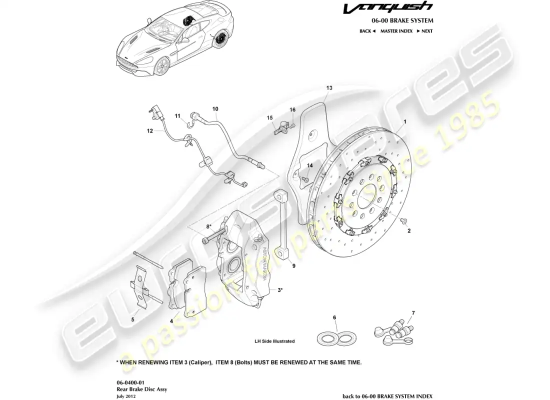 aston martin vanquish (2016) sistema de freno trasero diagrama de piezas
