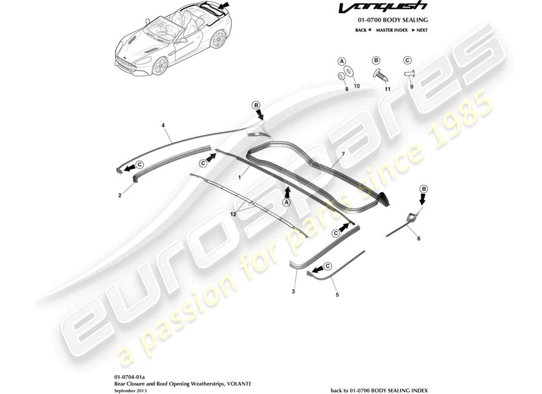 aston martin vanquish (2016) burlete de cierre trasero, diagrama de piezas de volante