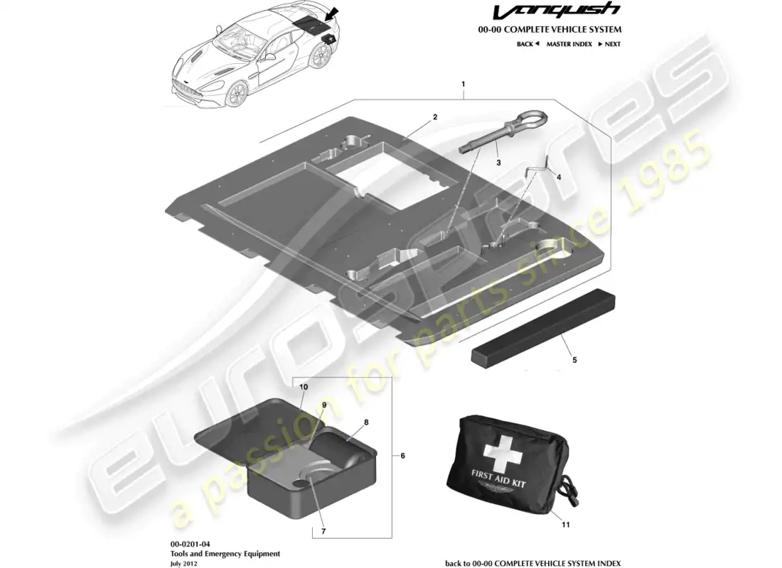 aston martin vanquish (2016) equipo de emergencia diagrama de piezas