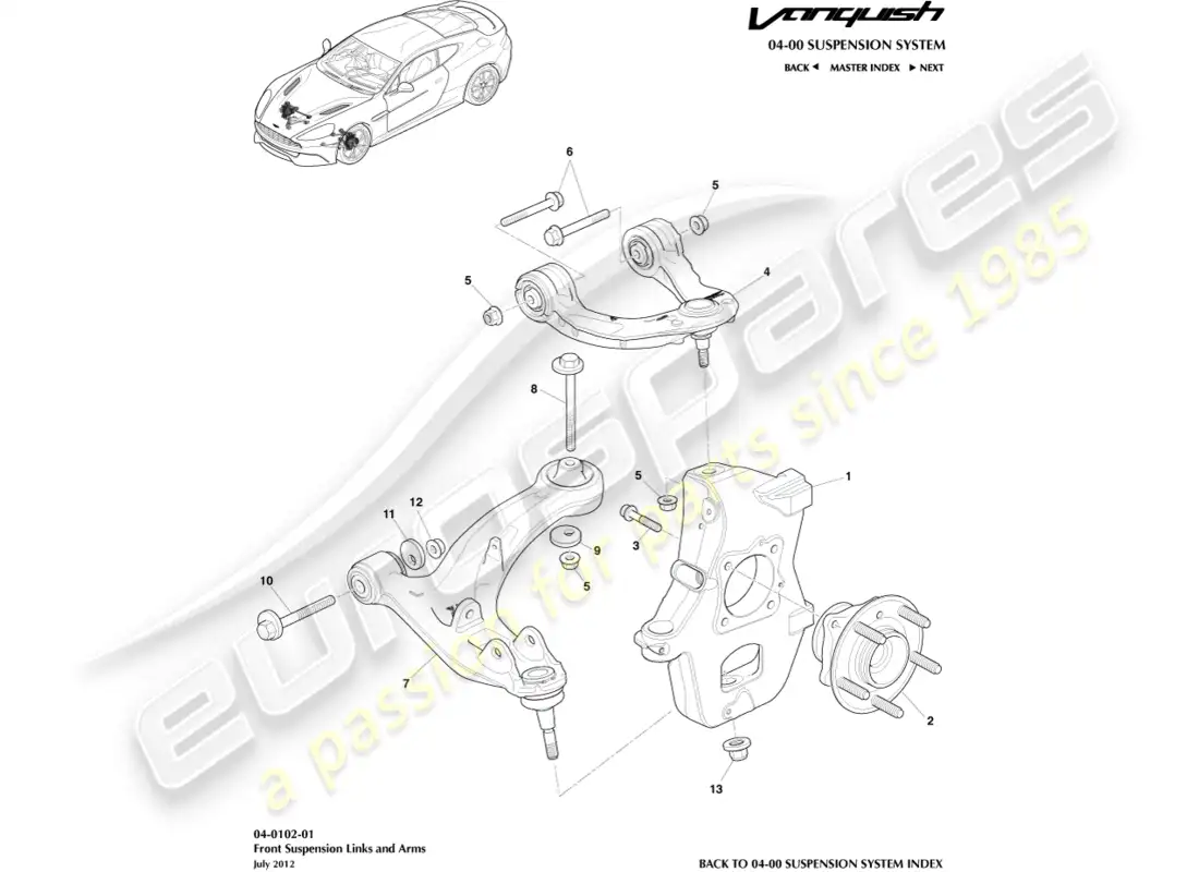 aston martin vanquish (2016) conjunto de suspensión delantera diagrama de piezas