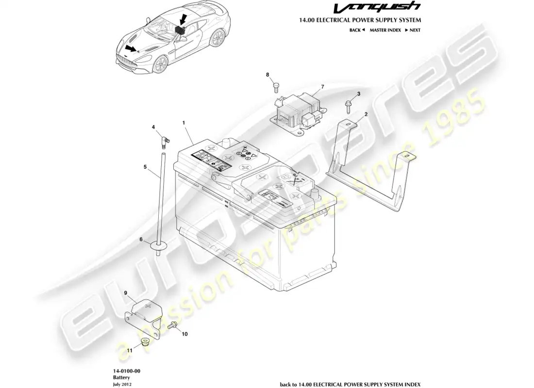 aston martin vanquish (2018) diagrama de piezas de la batería