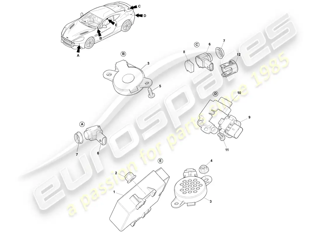 aston martin vanquish (2014) ayuda al aparcamiento diagrama de piezas