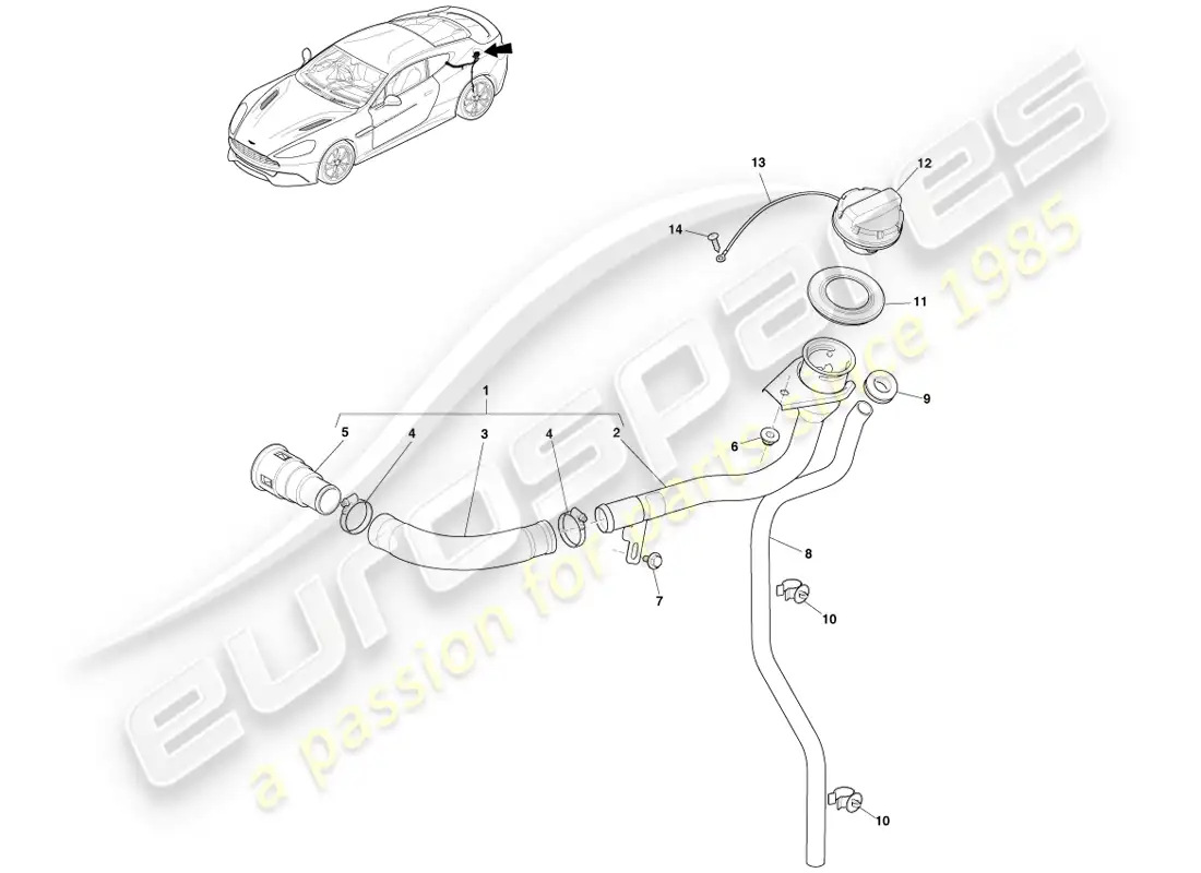 aston martin vanquish (2013) conjunto de llenado de combustible, cupé diagrama de piezas