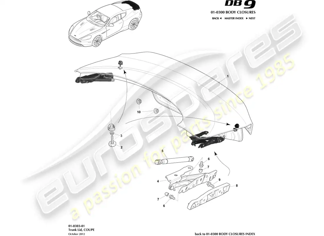 aston martin db9 (2016) tapa y bisagra del maletero, cupé diagrama de piezas