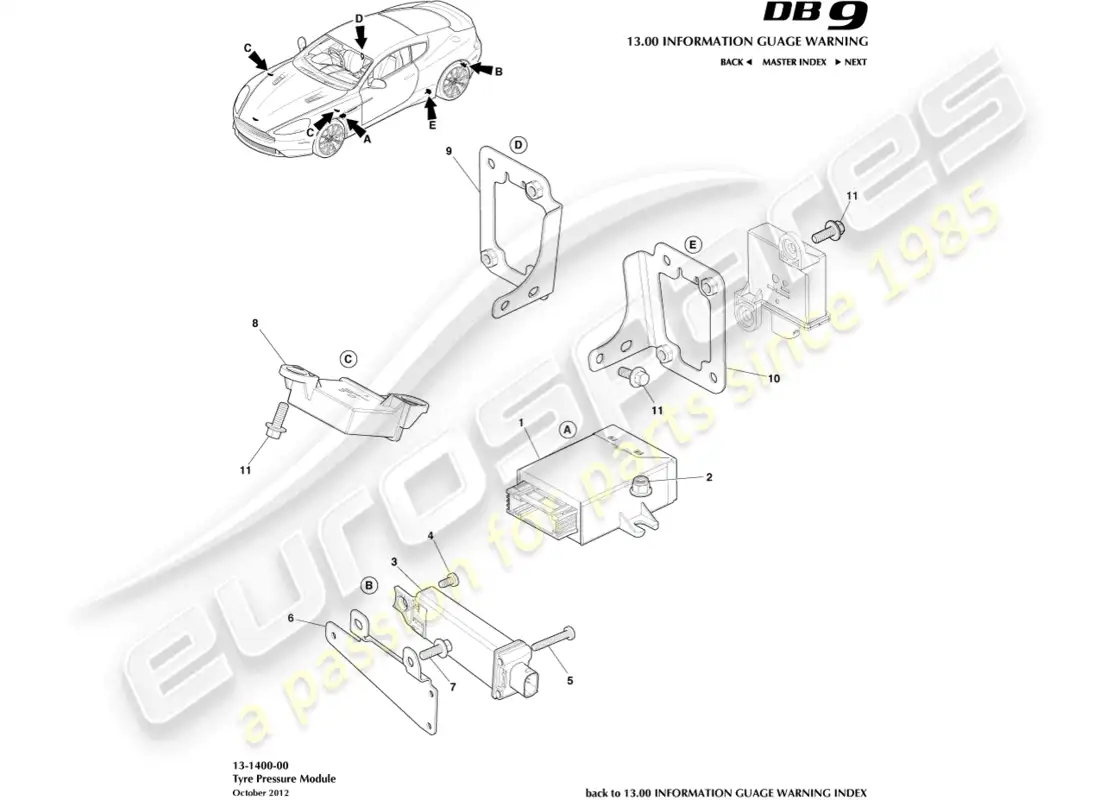 aston martin db9 (2015) módulo de presión de neumáticos diagrama de piezas