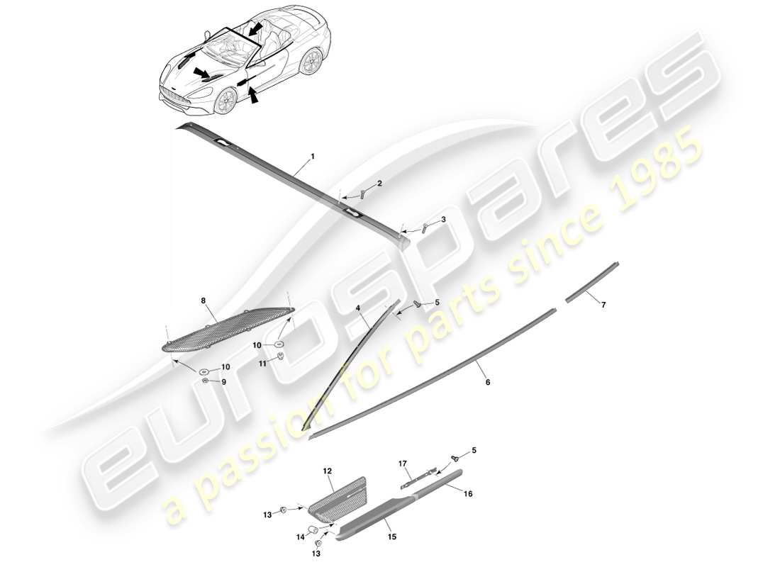 aston martin vanquish (2013) acabados exteriores superiores, volante diagrama de piezas