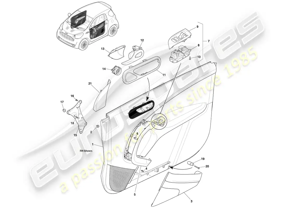 aston martin cygnet (2012) panel de ajuste de la puerta delantera diagrama de piezas