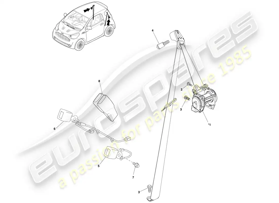 aston martin cygnet (2012) conjunto de cinturón de seguridad trasero diagrama de piezas