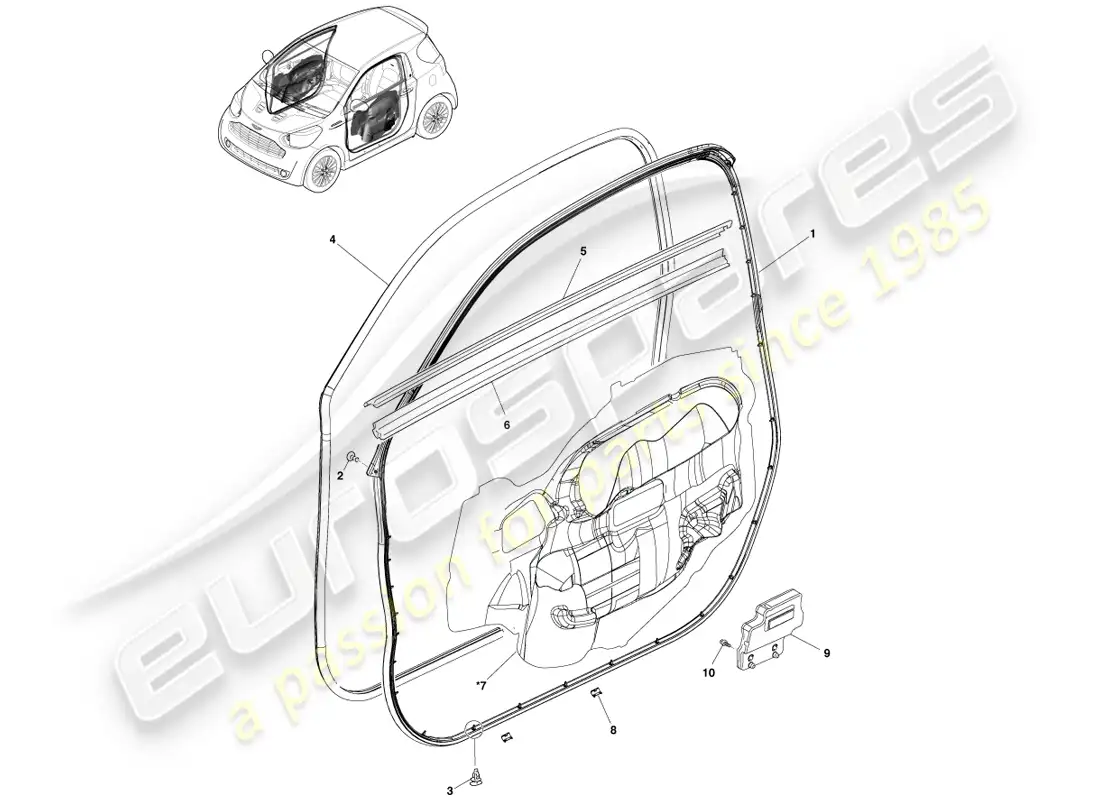 aston martin cygnet (2012) burletes para puertas delanteras diagrama de piezas