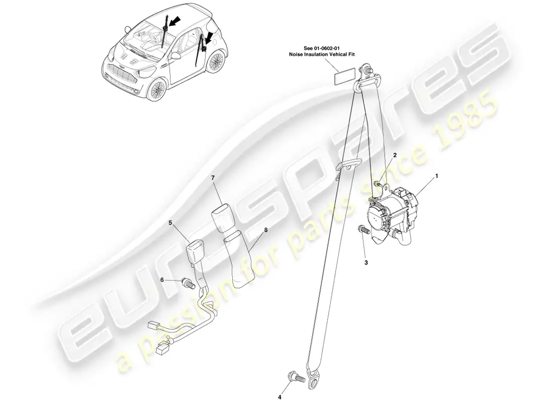 aston martin cygnet (2012) conjunto de cinturón de seguridad delantero diagrama de piezas