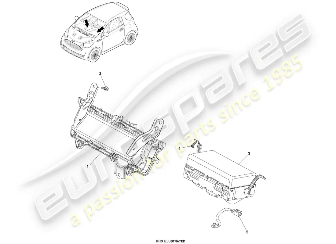 aston martin cygnet (2012) unidad de cubierta y bolsa de aire del pasajero diagrama de piezas