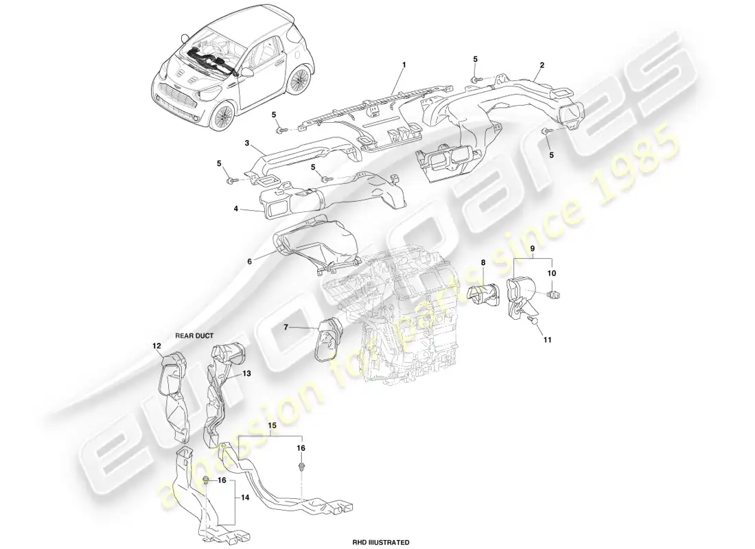 aston martin cygnet (2012) conductos de distribución de aire diagrama de piezas