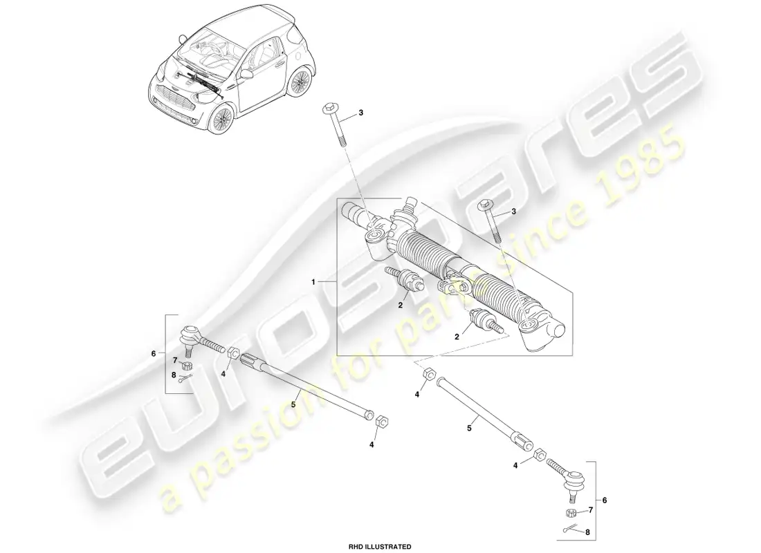 aston martin cygnet (2012) conjunto de cremallera de dirección diagrama de piezas