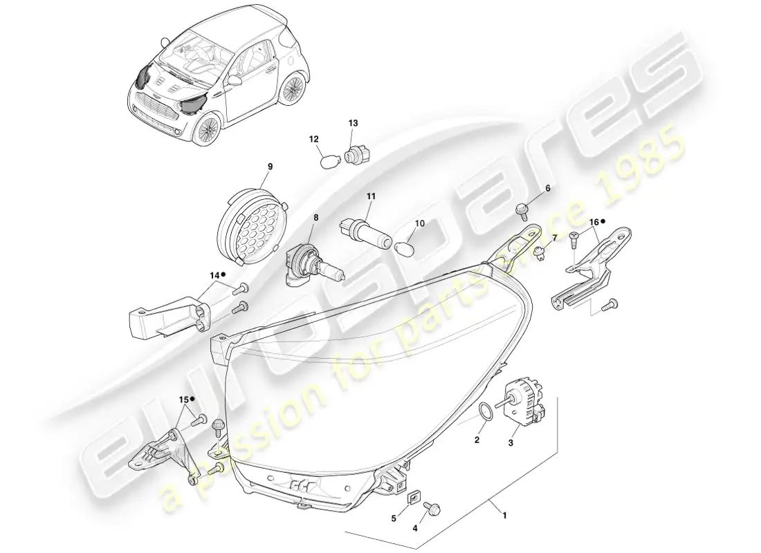 aston martin cygnet (2012) faros delanteros diagrama de piezas