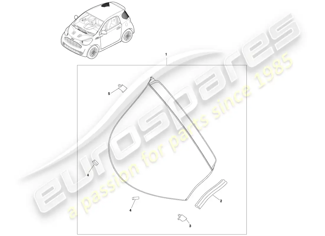 aston martin cygnet (2012) vidrio del cuarto trasero diagrama de piezas