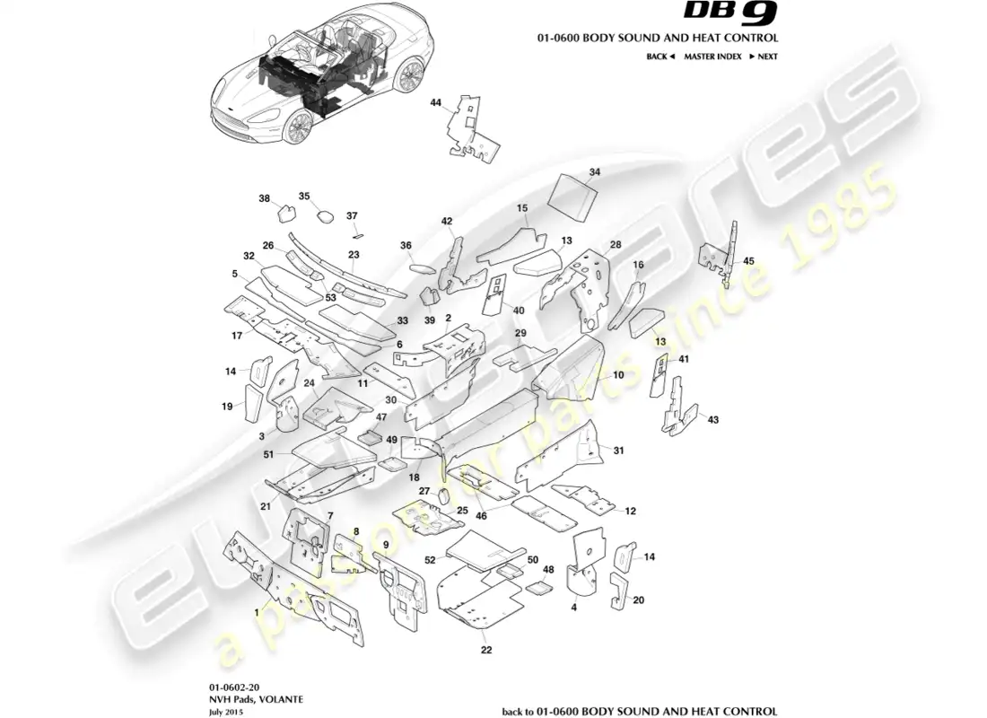 aston martin db9 (2017) almohadillas nvh. volante diagrama de piezas
