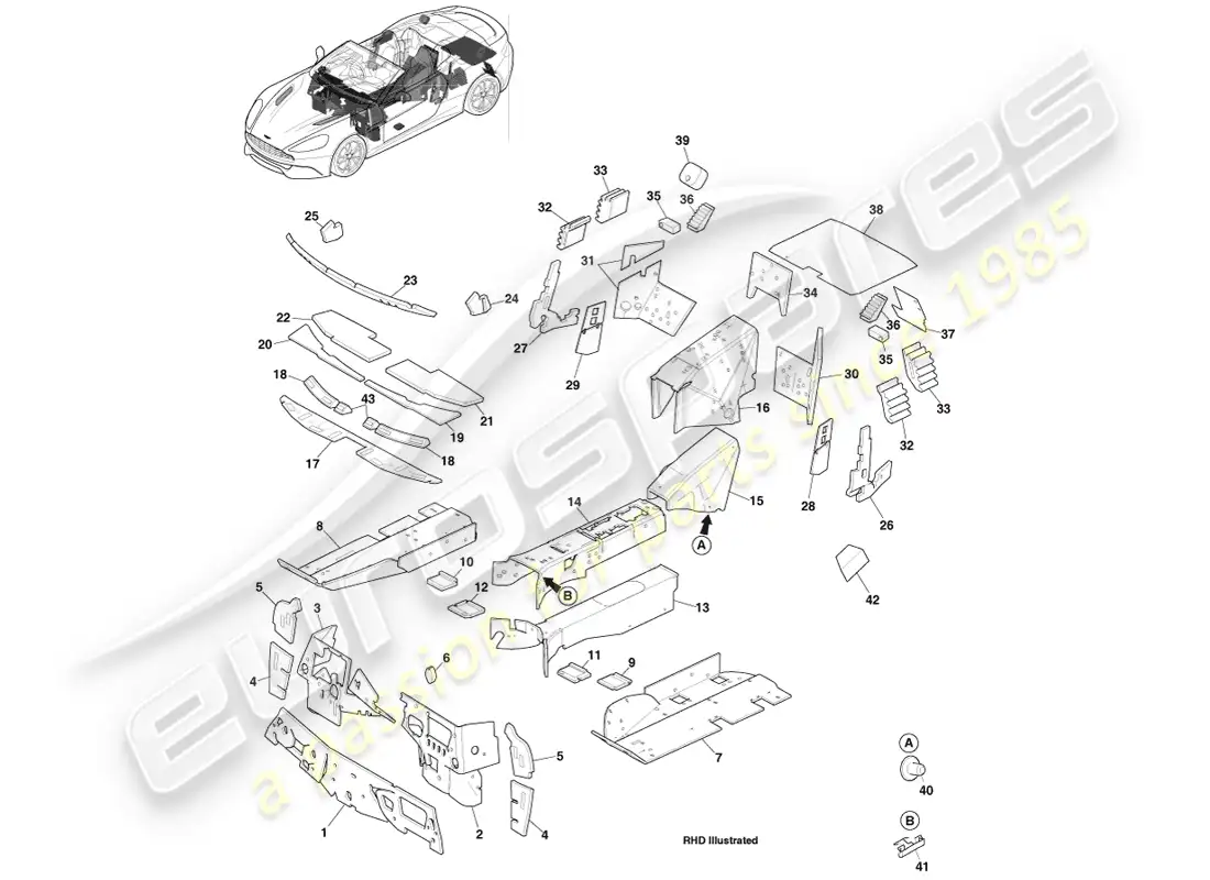 aston martin vanquish (2014) aislamiento acústico, volante diagrama de piezas