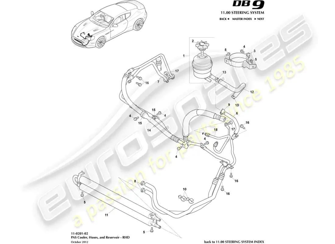 aston martin db9 (2013) mangueras pas, lado derecho diagrama de piezas