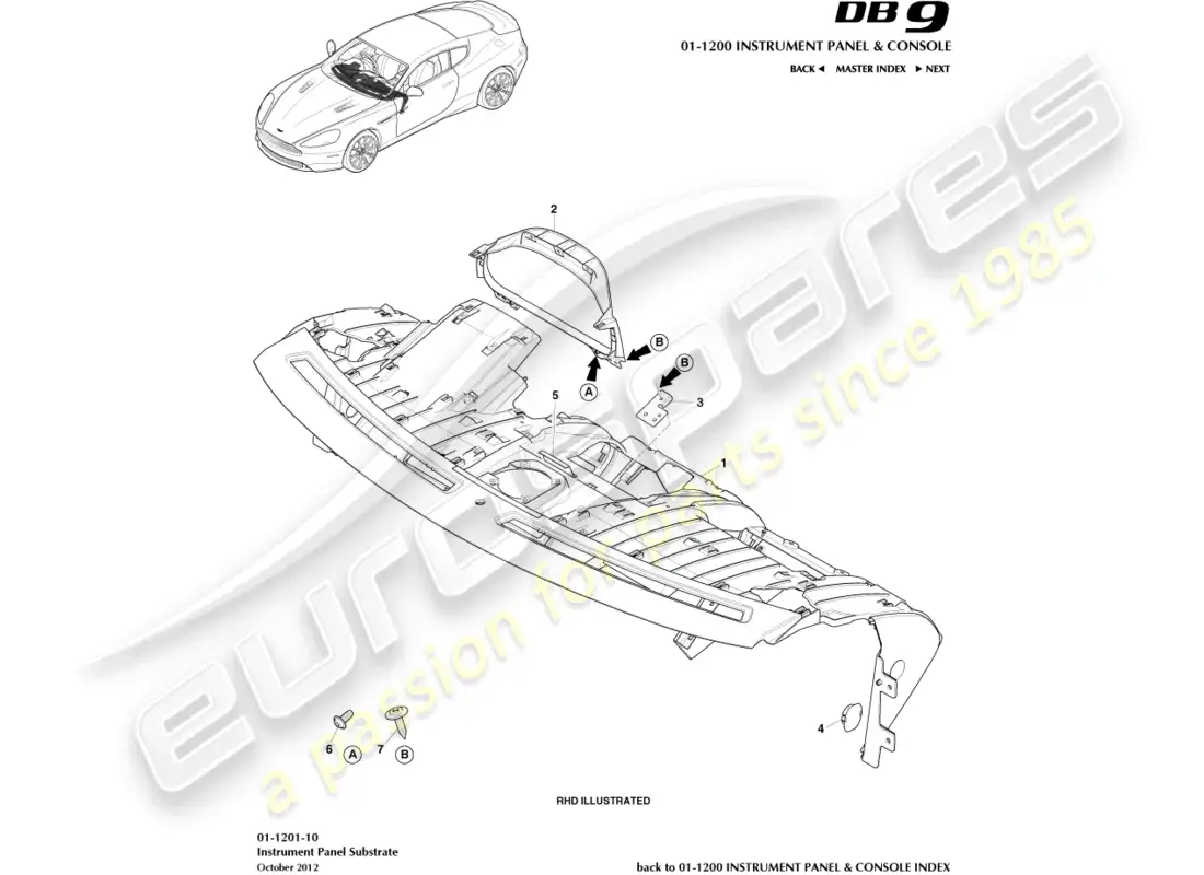 aston martin db9 (2014) sustrato ip diagrama de piezas
