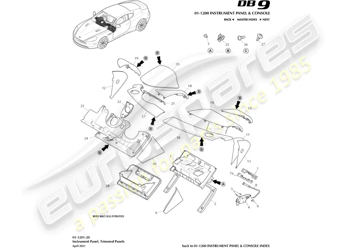 aston martin db9 (2014) paneles recortados ip diagrama de piezas