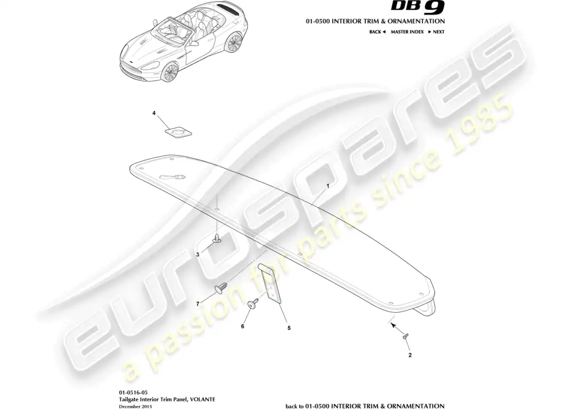 aston martin db9 (2014) panel embellecedor del portón trasero, volante diagrama de piezas