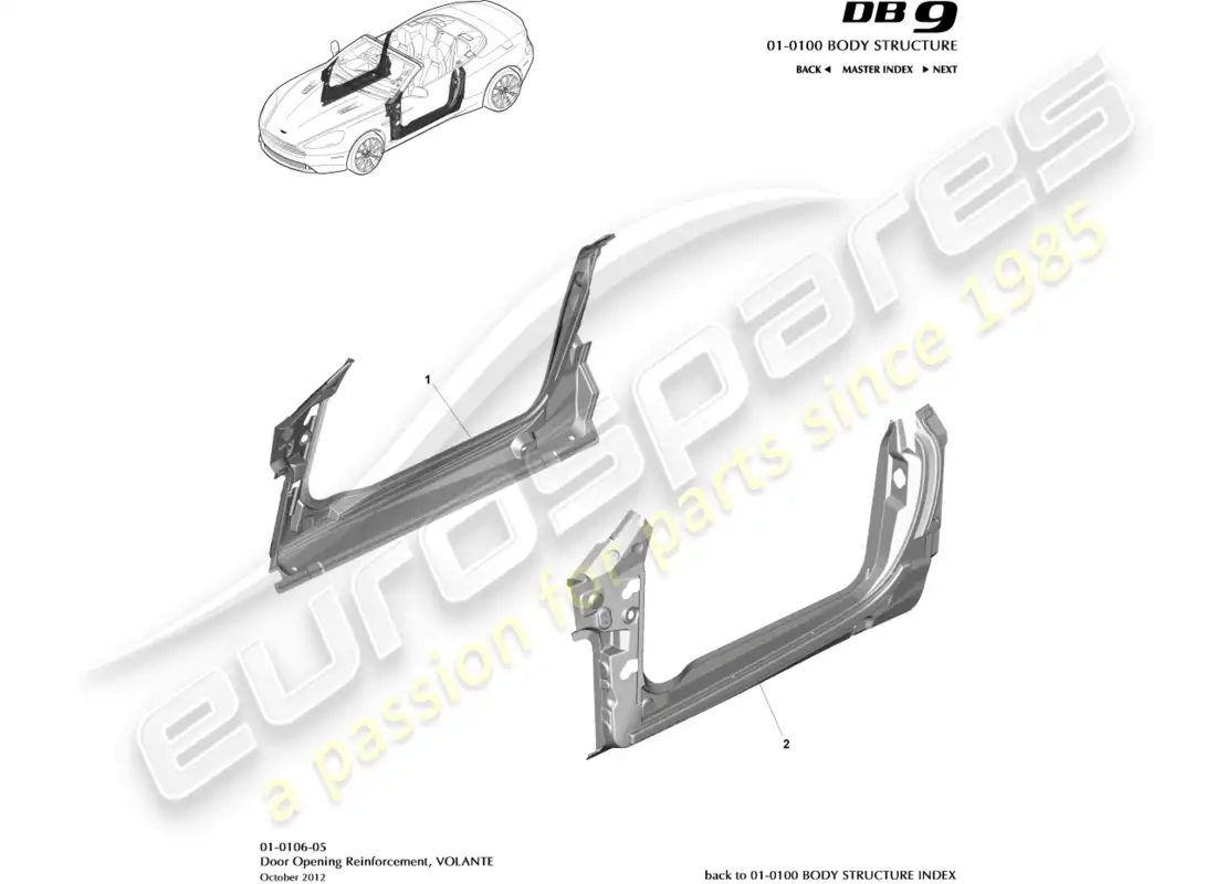 aston martin db9 (2014) marco de apertura de puerta, volante diagrama de piezas