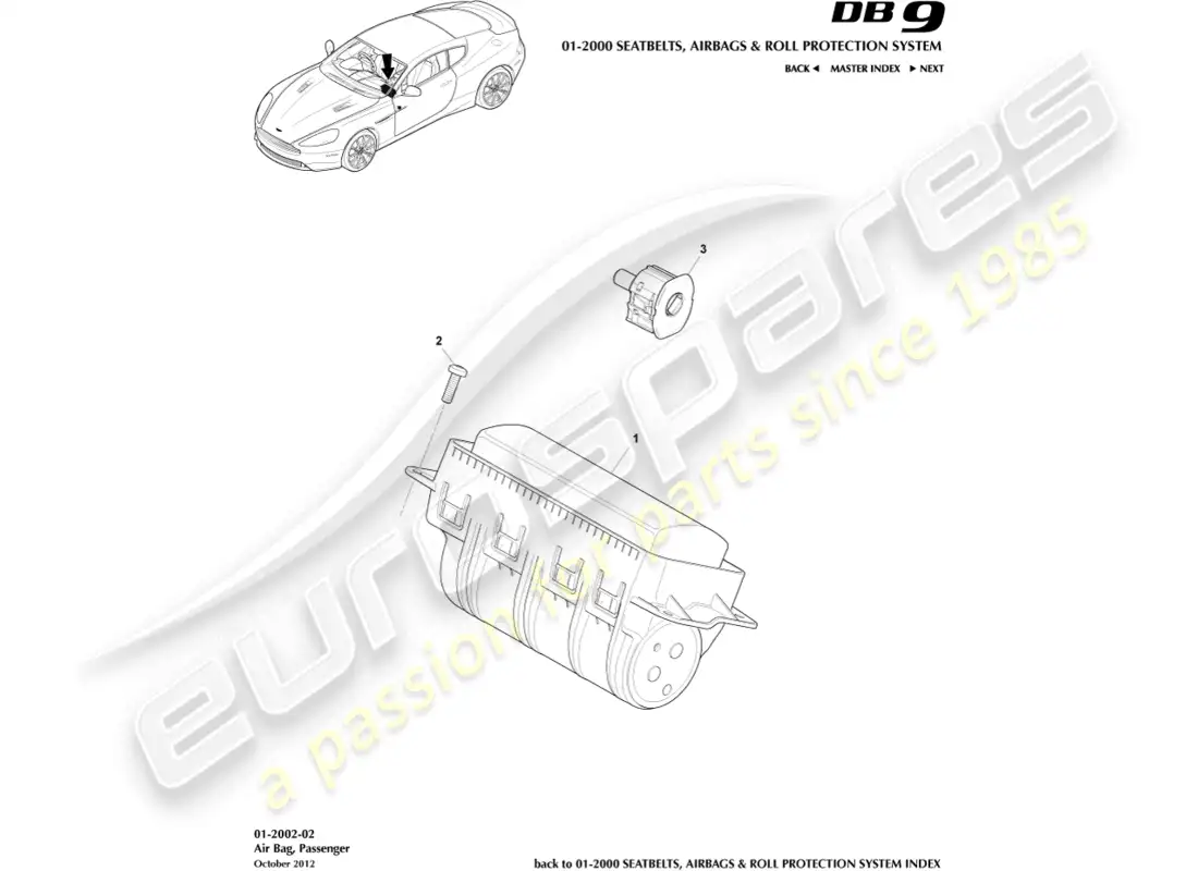 aston martin db9 (2014) airbag, pasajero diagrama de piezas